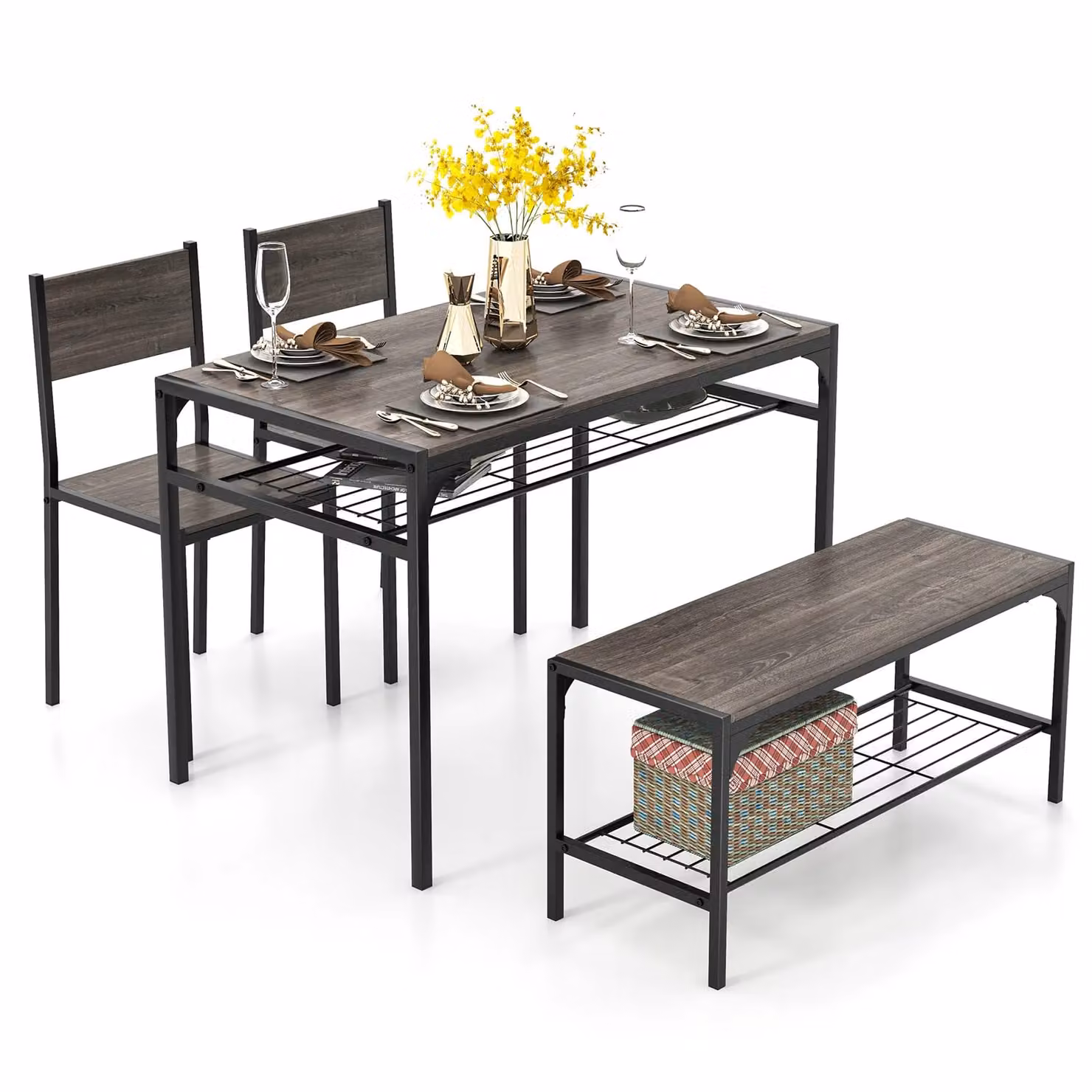 Costway 4-Piece Industrial Dining Set with Rectangular Glass Table, Chairs and Bench in Grey – 3