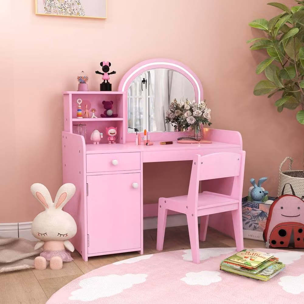 Gymax Pink Vanity Table and Chair Set Makeup Playset with Shelves and LED Light – 2