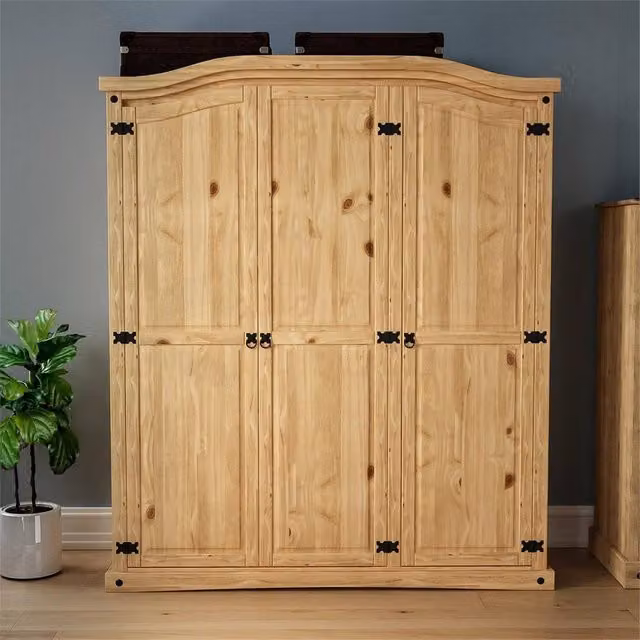 FORGEVIO 3 Door Rustic Solid Pine Wood Wardrobe in Brown and Beige