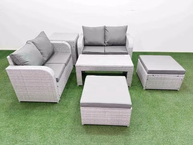 Fimous 6 Seater Rattan Garden Furniture Set in Light Grey with Coffee Table, 2 Seater Sofa, Footstool and Side Table