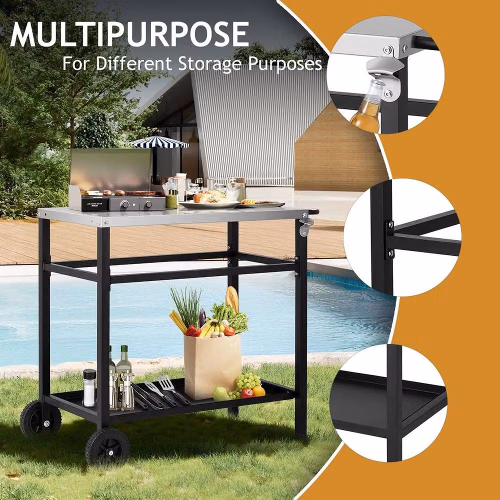 FLAVORA 2-Tier Wheeled Portable BBQ Prep Cart in Matt Black – 5