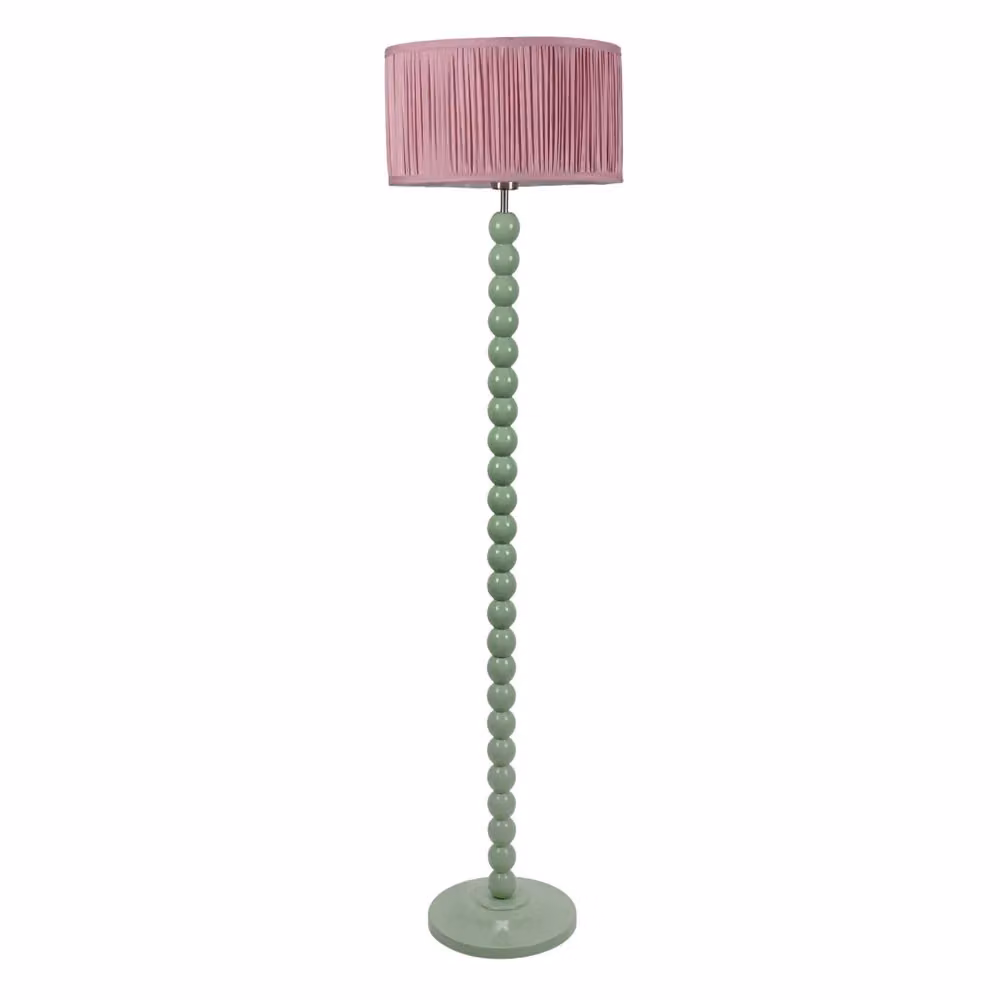 ValueLights Bobbins Sage Green Floor Lamp with Blush Pink Ruched Pleated Drum Shade and LED Bulb – 2