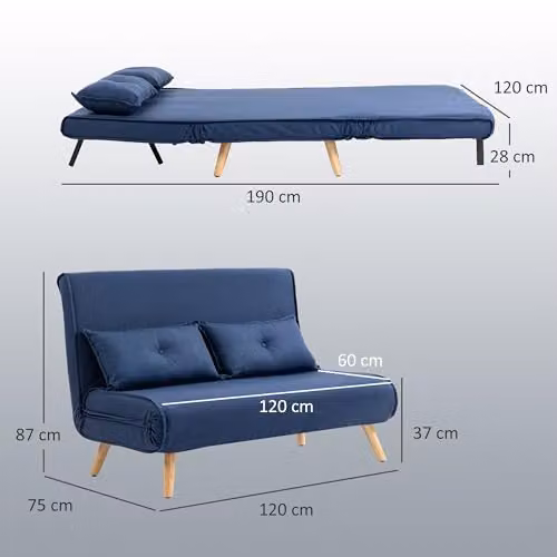 HOMCOM 2 Seater Click Clack Convertible Sofa Bed in Blue – 3