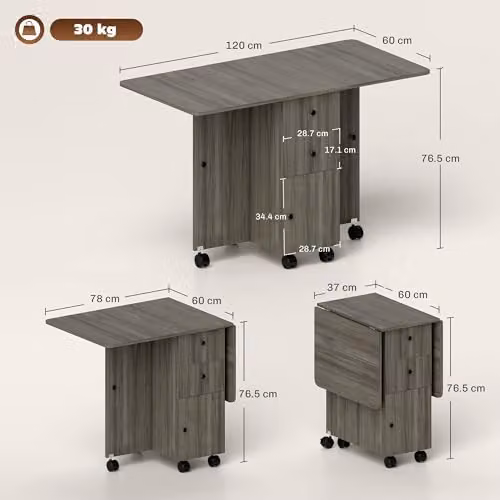 HOMCOM Grey Folding Dining Table with Drop Leaf and Castors, W/D/H: 120 x 60 x 76.5 cm – 3