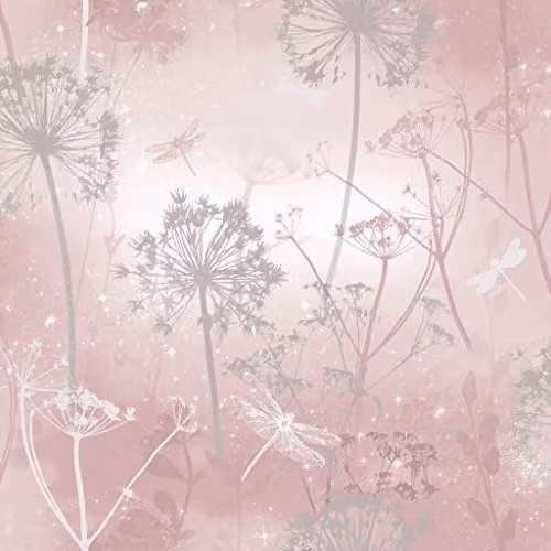 Arthouse Damselflies Pink, Silver and Grey Blush Sparkling Botanical Wallpaper