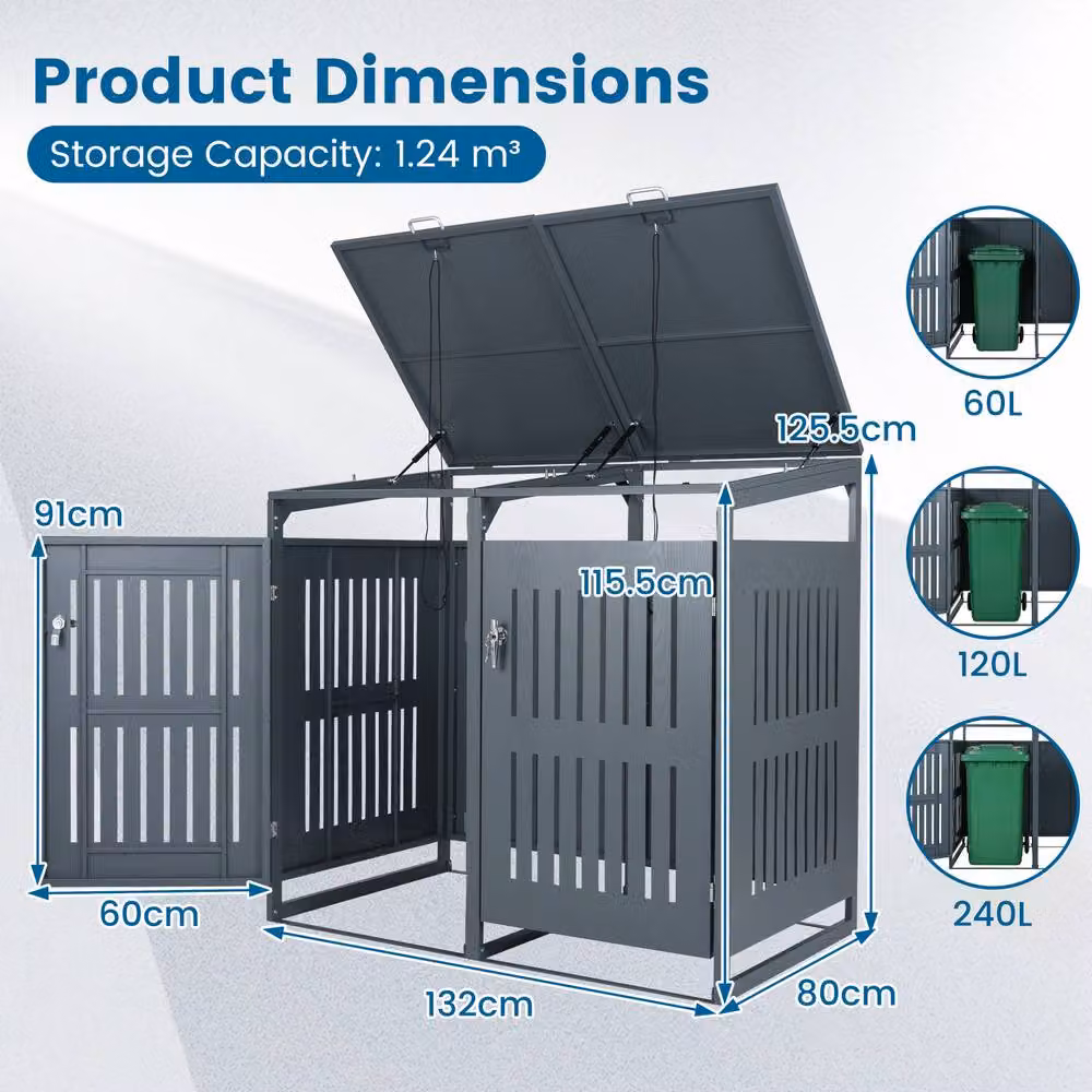 Costway Metal Outdoor Bin Store Storage Shed for 2 Bins in Grey, W/D/H: 132.0 x 80.0 x 115.5 cm – 2