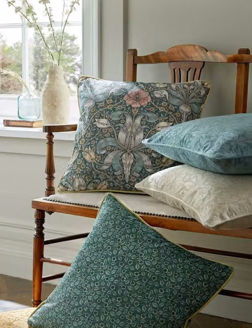 William Morris At Home Spring Thicket Blue and Yellow Floral Velvet Cushion, W/D/H: 45 x 45 x 1 cm
