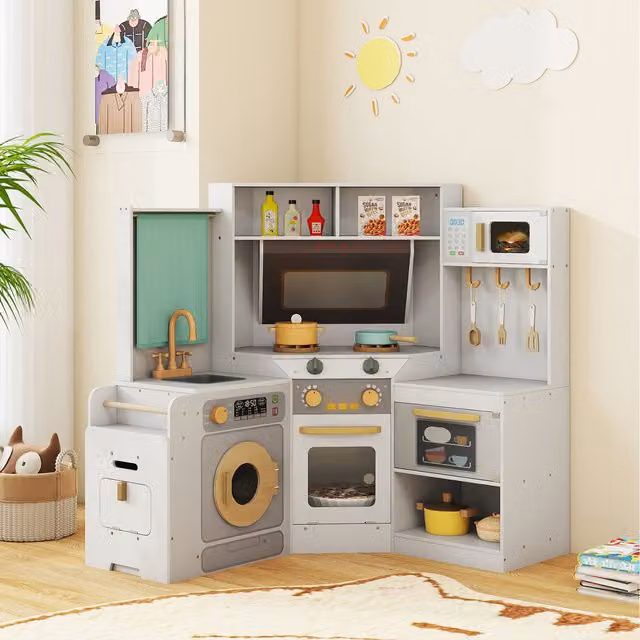 Costway Grey Wooden Corner Kids Pretend Play Kitchen