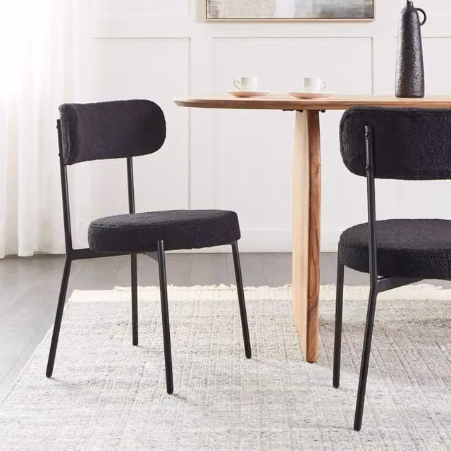 Wyld and Coco Black Bouclé Dining Chairs Set of 2 with Matt Metal Legs