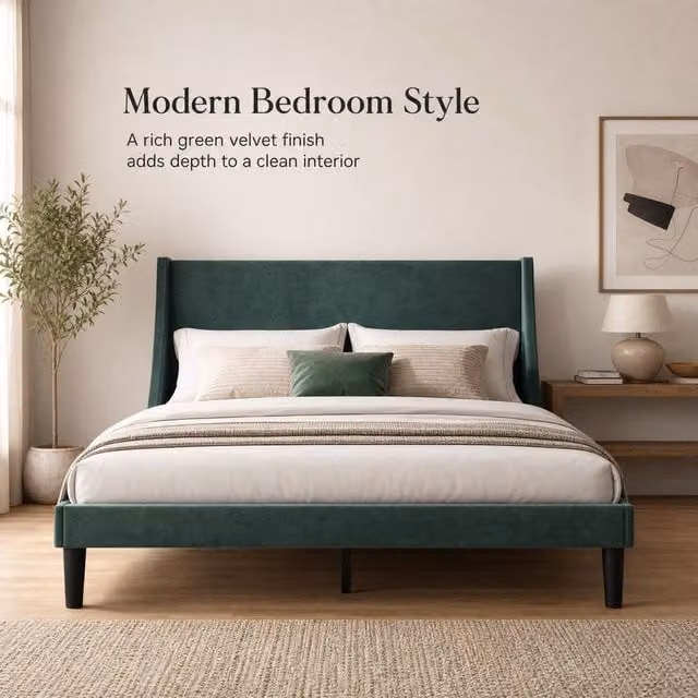 STILVORA Green Velvet Upholstered Double Bed Frame with Wingback Headboard, W/D/H: 140 x 200 x 96 cm