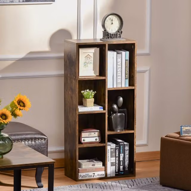HOMCOM Industrial Cube Bookshelf Display in Rustic Brown with Back Panel