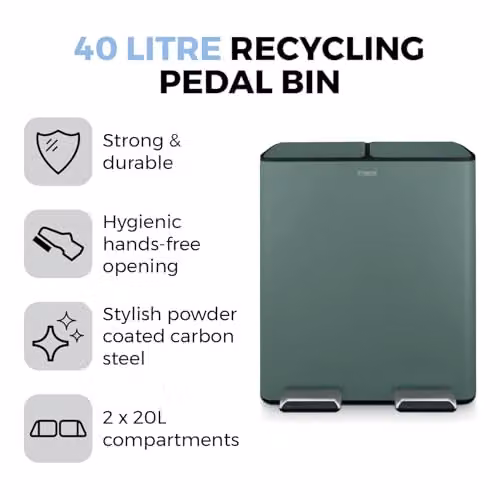 Tower 40L Recycling Pedal Bin with Removable Inner Buckets in Green and Black Coated Steel – 2