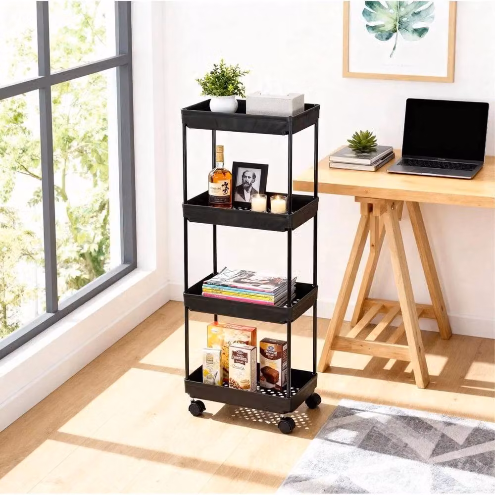 KORVIXA 4 Tier Slim Slide Out Kitchen Trolley Rack in Black, Height: 102 cm, Width: 90 cm – 4