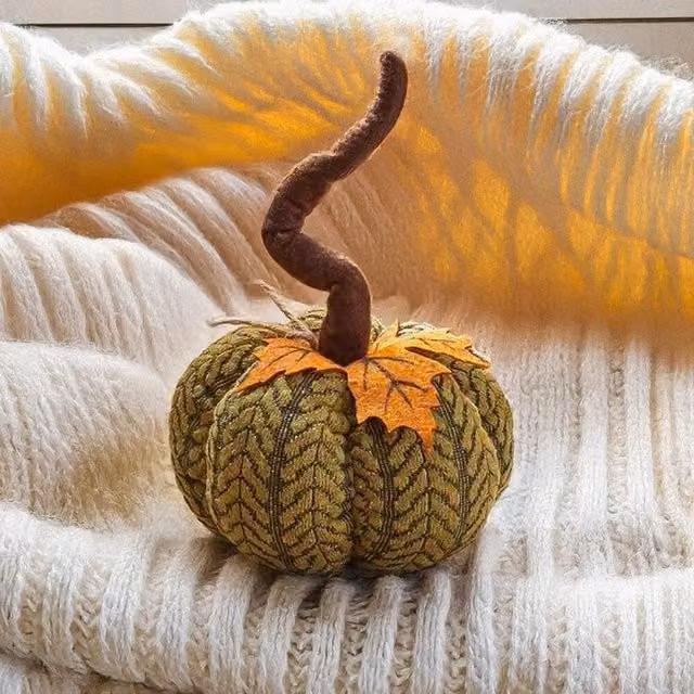 Marco Paul Green Plush Pumpkin Textile Autumn and Halloween Decoration, Diameter: 13 cm – 1