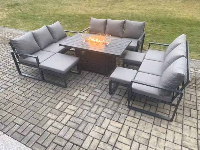 Fimous Aluminium Garden Furniture Set with Gas Fire Pit Dining Table and 3 Footstools in Dark Grey