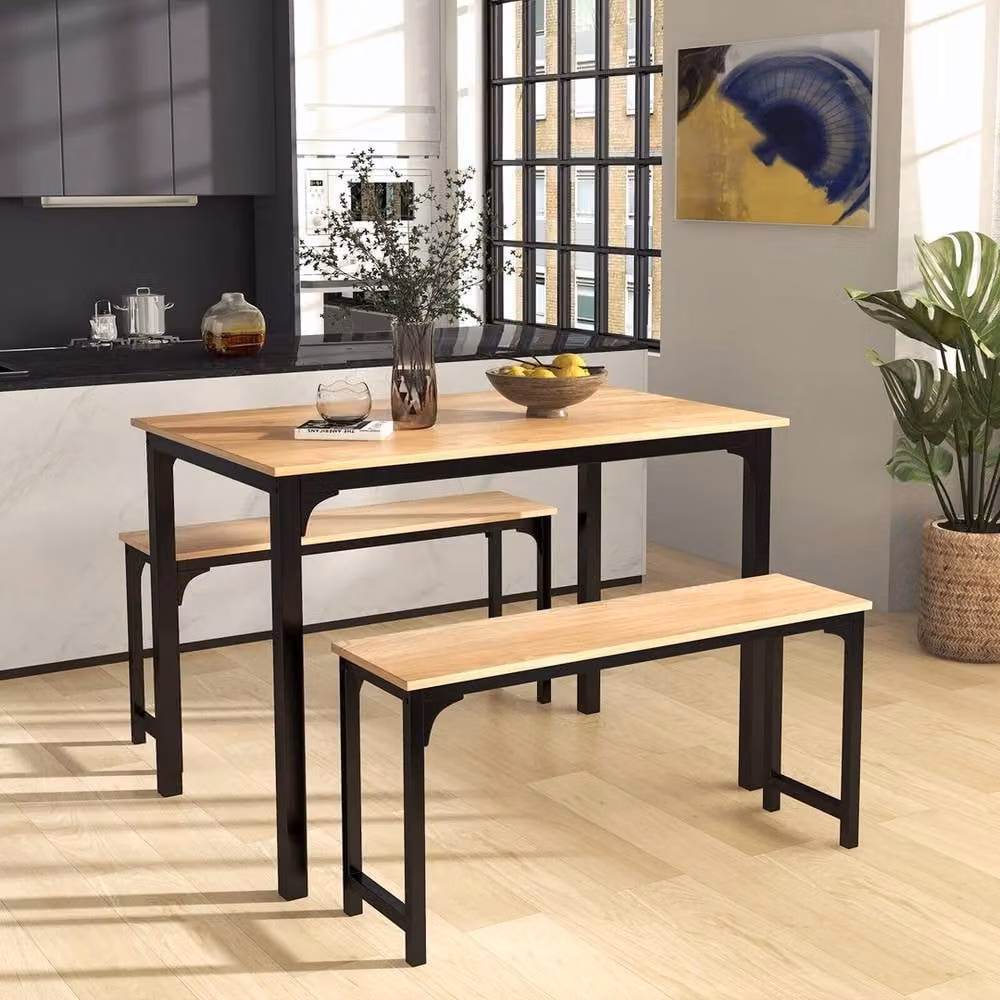 NESTLUNE 3 Piece Industrial Dining Set with Square Wood Table in Brown, W/D/H: 100 x 100 x 100 cm – 3