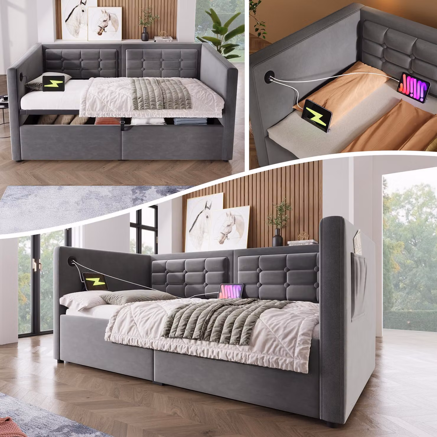 Aosom UK Grey Velvet Single Sofa Bed with Hydraulic Under-bed Storage, Type-C Charging Station and Side Pockets, W/D/H: 106 x 205 x 75 cm – 6