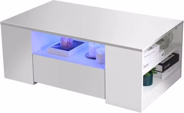 Kelvenix Modern White Glossy Wooden LED Coffee Table with 2 Drawers – 1