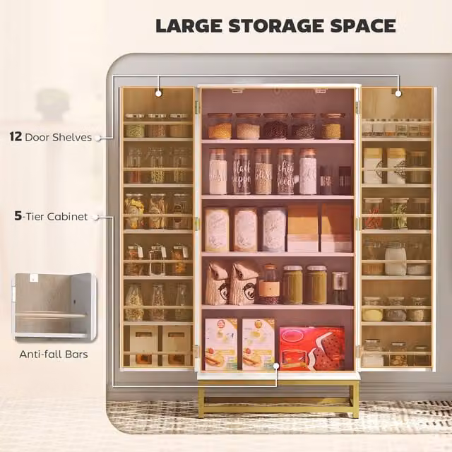 HOMCOM Modern White Kitchen Tall Cabinet with Double Hinged Doors and Internal Shelves