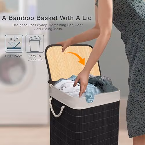 MantraRaj Black Bamboo Foldable Laundry Basket with Lid and Removable Liner, 65L Capacity – 3