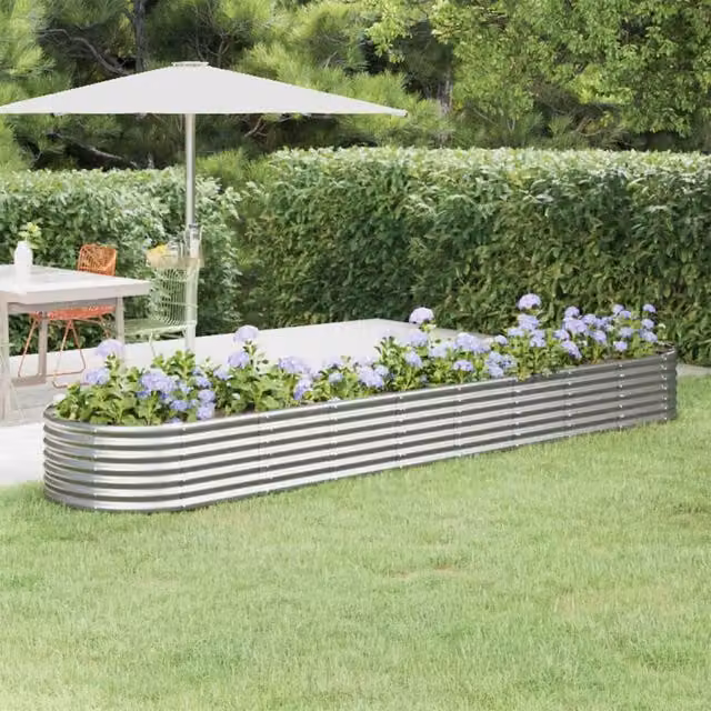Berkfield Home Garden Powder-coated Steel Raised Bed in Silver, W: 368 cm, D: 80 cm, H: 36 cm