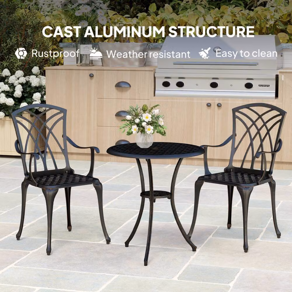 Outsunny 3 Piece Metal Garden Bistro Set with Umbrella Hole in Bronze and Black – 4