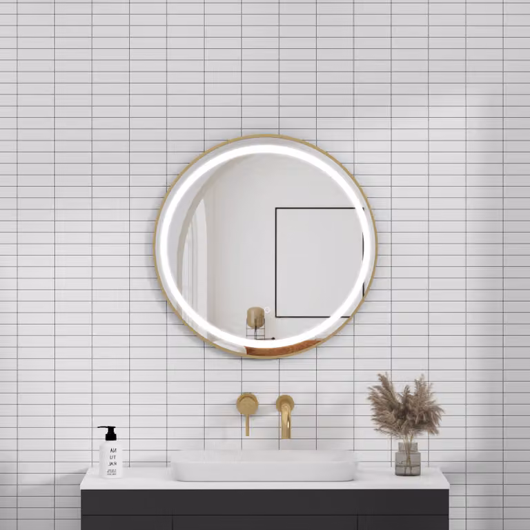 Royal Bathrooms Capri Round LED Illuminated Framed Mirror in Gold with Demister Pad and Touch Sensor, W: 60 cm, H: 60 cm