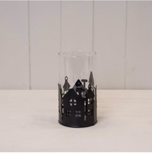 KDMD Small Black Metal House Scene Candle Holder with Glass Insert