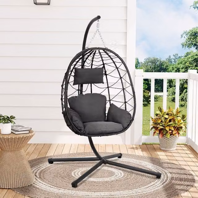 Komore Black Egg Hanging Chair with UV-Resistant Polyester Cushion and Powder-Coated Steel Stand