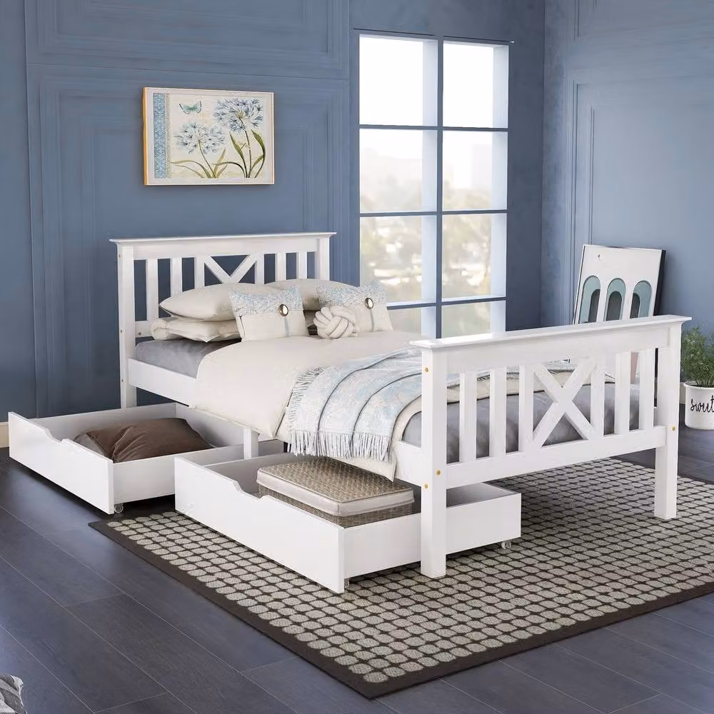 BTM White Solid Pine Bed Frame with Storage Drawers, W/D/H: 90 x 190 cm – 3