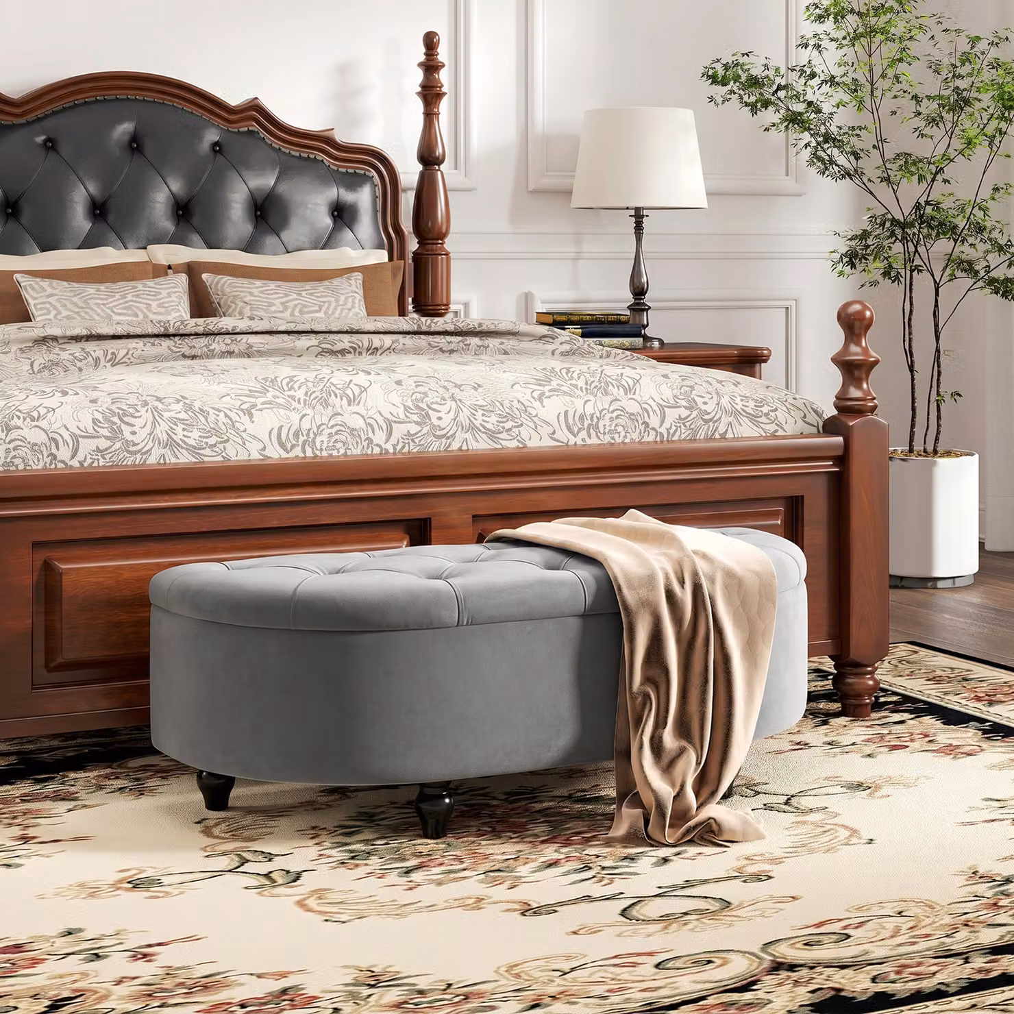 HOMCOM Semi-Circle Tufted Velvet Bed End Bench Ottoman with Storage and Rubberwood Legs, Grey, W: 120 cm, D: 45 cm, H: 118 cm – 2