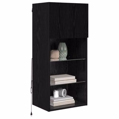 vidaXL Modern Wall-mounted TV Cabinet with Glass Doors and Integrated Lighting, Black, W/D/H: 90 x 30 x 40.5 cm – 1
