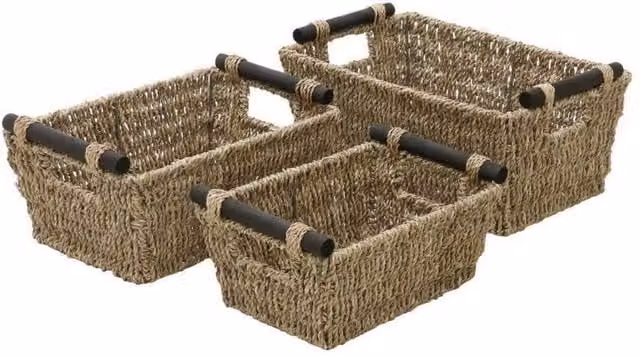 MantraRaj Set of 3 Open Weave Seagrass Storage Baskets with Wooden Handles in Beige and Brown