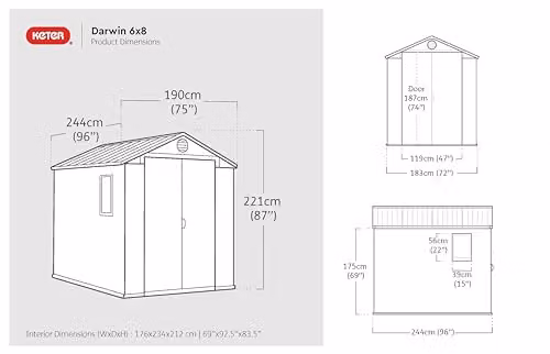 Keter Darwin 6x8ft Outdoor Resin Garden Shed in Brown Evotech+ Wood-Look with Double Doors, Window and Lockable Storage – 4