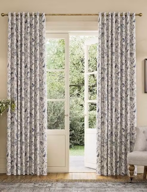 Joules Festival Pheasants Blue Mix Pure Cotton Eyelet Blackout Curtains