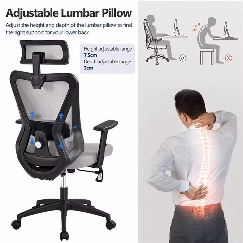 KORVIXA Ergonomic Grey Fabric Office Chair with Headrest and Armrests – 5
