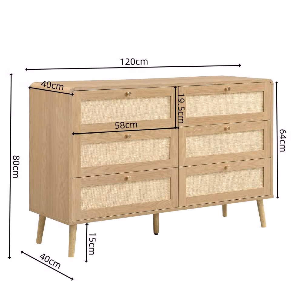 Merax 6 Drawer Chest of Drawers in Natural Oak Effect with Rattan Fronts, W/D/H: 120 x 40 x 80 cm – 2