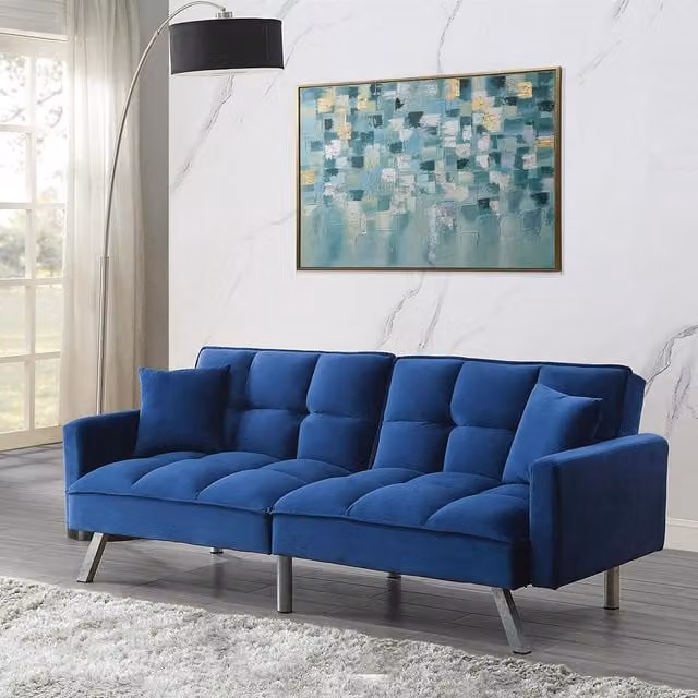 Kosy Koala Blue Velvet Click Clack Sofa Bed with 2 Scatter Cushions