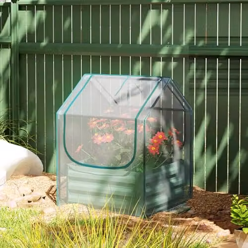 Outsunny Raised Garden Bed with Mini Greenhouse in Green and Transparent – 4
