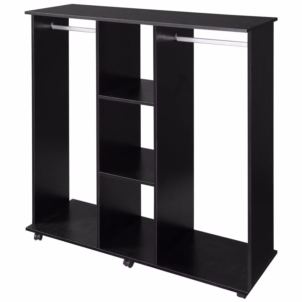 STILVORA Modern Open Wardrobe with Shelves and Wheels in Matt Black – 5