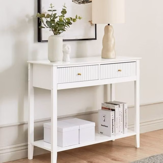 Wyld and Coco 2-Drawer Wall-Mounted Console Table in White MDF with Gold Handles W: 100 cm, D: 35 cm, H: 80 cm – 1