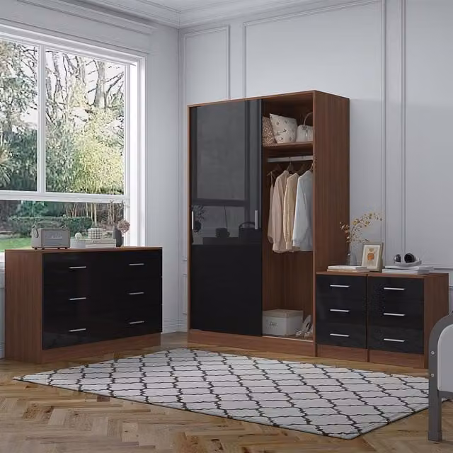 Reflect Modern Bedroom Furniture Set in Black Gloss and Walnut Finish featuring 2 Door Sliding Wardrobe, 6 Drawer Wide Chest and 2x 3 Drawer Bedside Tables – 1
