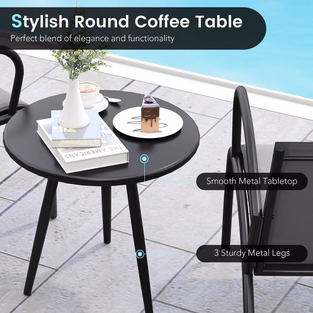 Gymax 3 Piece Metal Patio Furniture Set with Round Coffee Table and Wide Armchairs in Grey – 4
