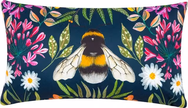 Zinnia Bee Floral Rectangular Outdoor Cushion in Blue