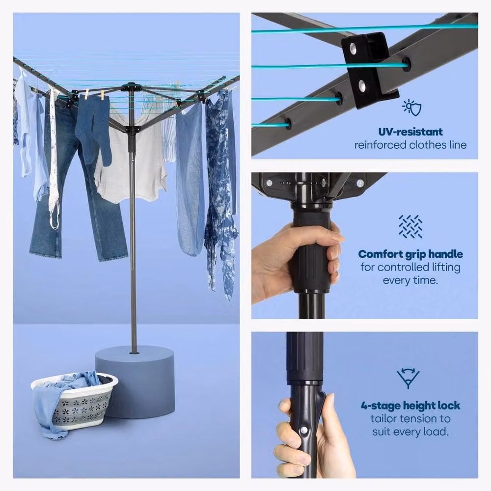 NESTLUNE Rotary Clothes Dryer with 45m Drying Capacity and Ground Spike in Black – 5