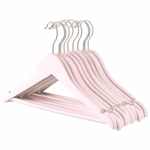 Harbour Housewares 10x Wooden Kids Coat Hangers with Round Trouser Bar and Non-Slip Notches in Pink