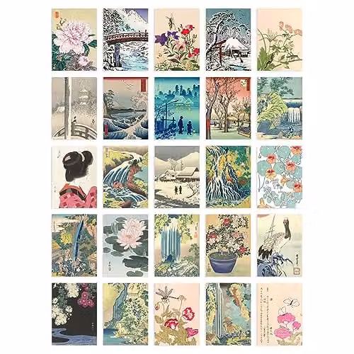 Artery8 Japanese Aesthetic Ukiyo-e Woodblock Wall Art Prints, 50 Piece Multicolour Collage Kit, W: 15 cm, H: 10 cm – 1