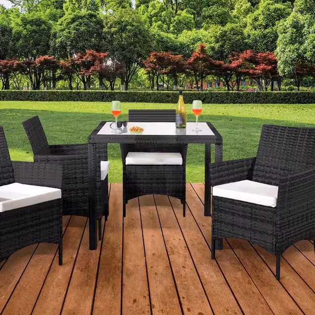 Comfy Living 5 Piece Modern Black Rattan and Glass Garden Dining Set