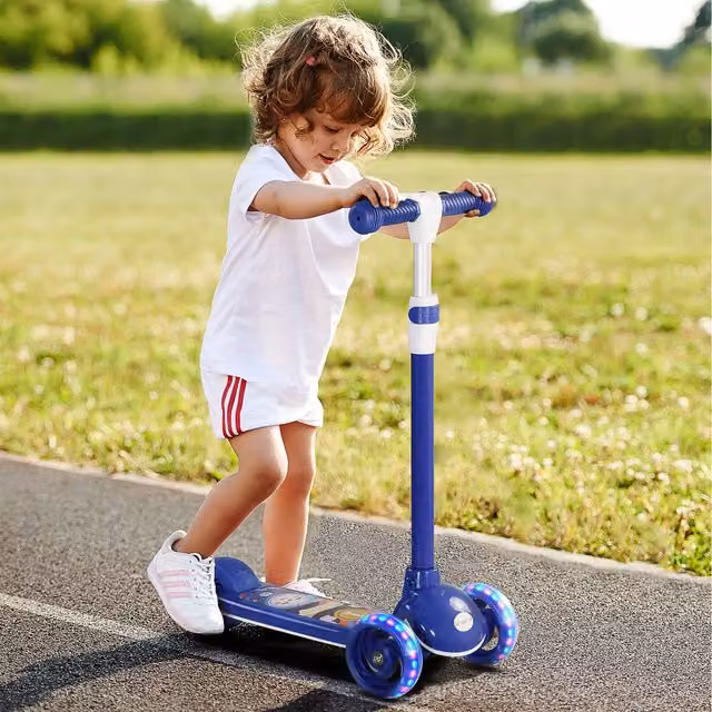 AIYAPLAY Kids 3 Wheel Scooter with Adjustable Height and Light and Sound Effects, Blue
