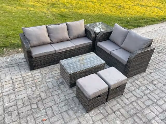 Fimous 7 Seater Grey Rattan Wicker Garden Furniture Set with 3 Seater Sofa, Love Seat, 2 Ottomans and Rectangular Coffee Table